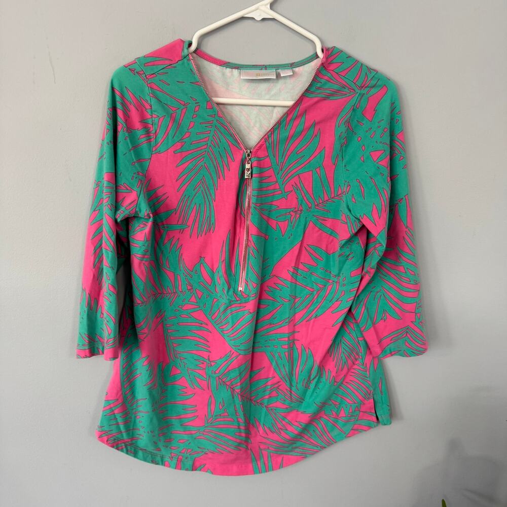 Belle Kim Gravel Green & Pink Zipper Neckline Top Size Small 3/4 Sleeves